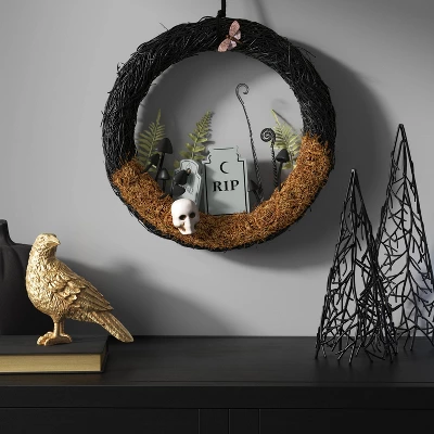 16" Twig Tombstone Halloween Scene Wreath - Hyde And EEK! Boutique™: Black Faux Floral, Indoor Wall Decor 3 16" Twig Tombstone Halloween Scene Wreath - Hyde And EEK! Boutique™: Black Faux Floral, Indoor Wall Decor
